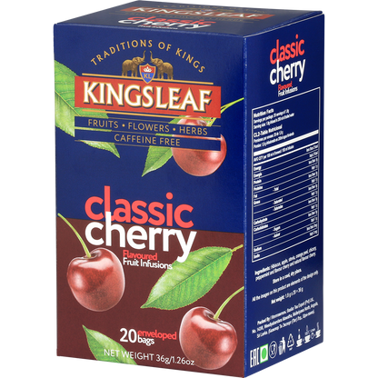 Kingsleaf Classic Cherry – klasyczna herbata owocowa bez kofeiny w granatowym opakowaniu z motywem wiśni.