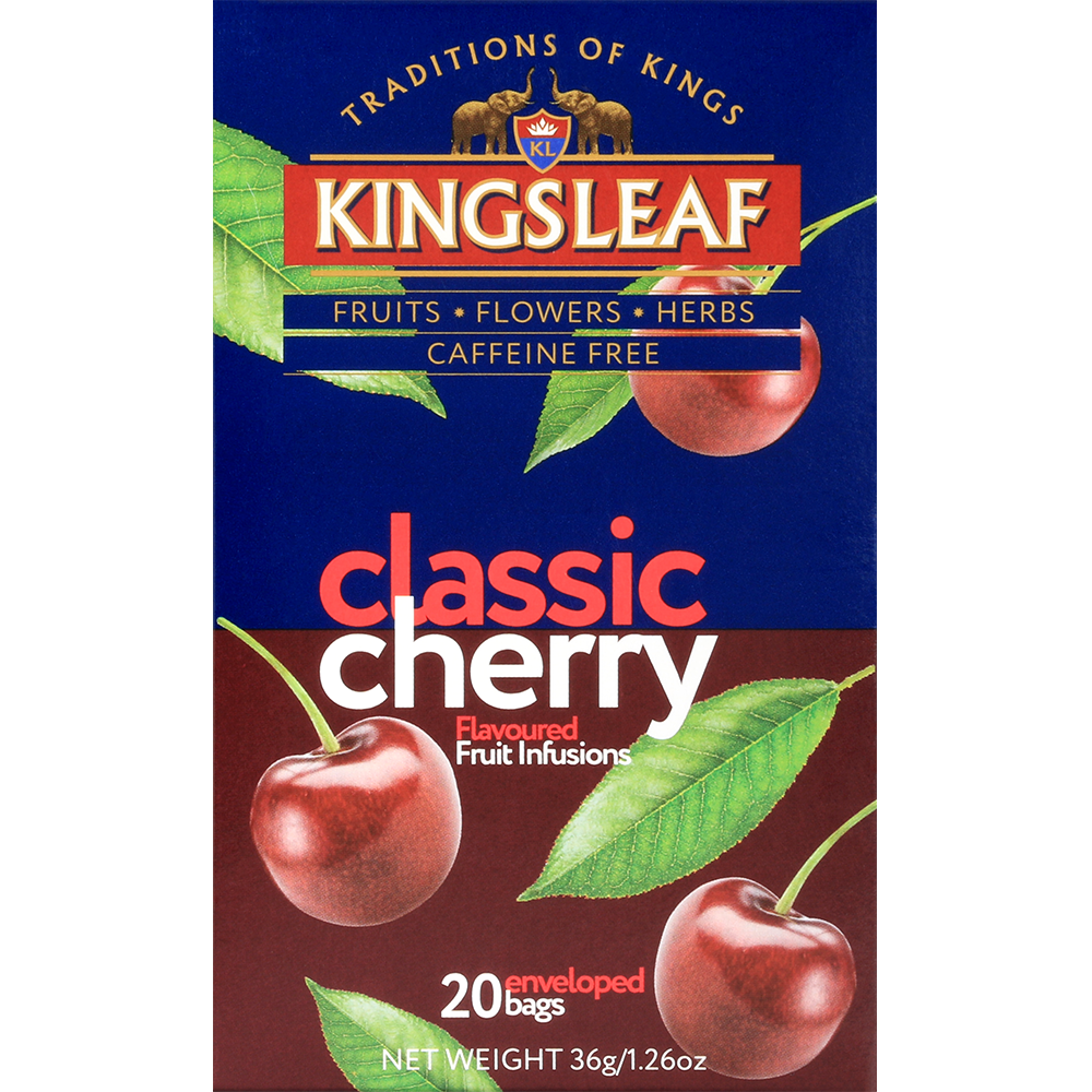 Pudełko herbaty Kingsleaf Classic Cherry z czerwonymi wiśniami i liśćmi – intensywnie owocowa herbata bez kofeiny.