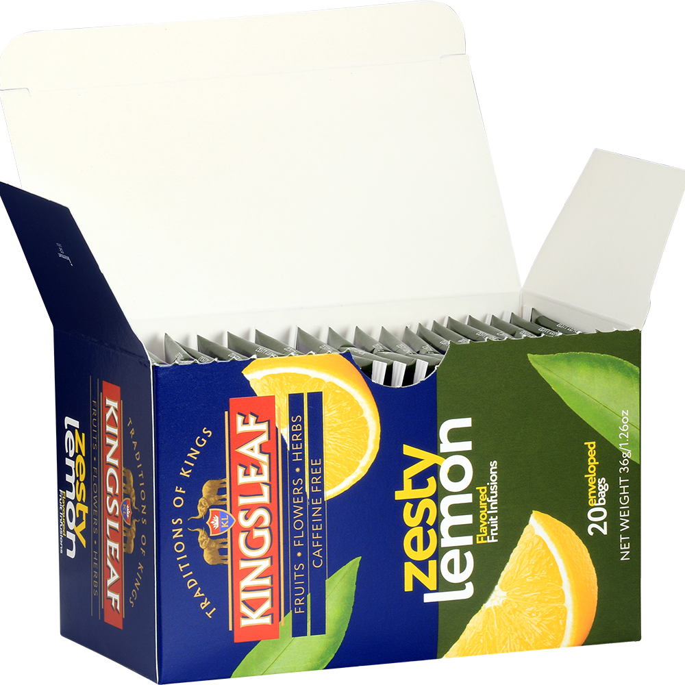 Otwarte pudełko herbaty Kingsleaf Zesty Lemon z widocznymi saszetkami – orzeźwiająca herbata cytrynowa bez kofeiny.