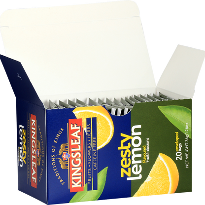 Otwarte pudełko herbaty Kingsleaf Zesty Lemon z widocznymi saszetkami – orzeźwiająca herbata cytrynowa bez kofeiny.
