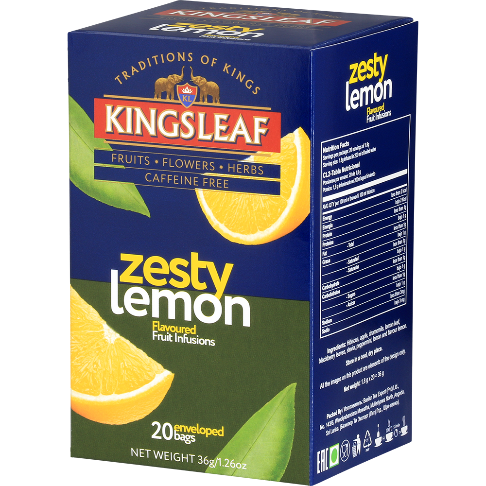 Kingsleaf Zesty Lemon – herbata owocowa o smaku cytryny w kolorowym opakowaniu.