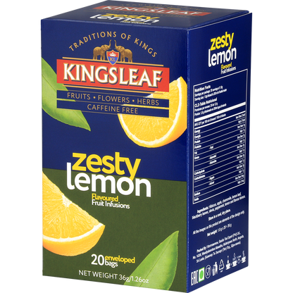 Kingsleaf Zesty Lemon – herbata owocowa o smaku cytryny w kolorowym opakowaniu.
