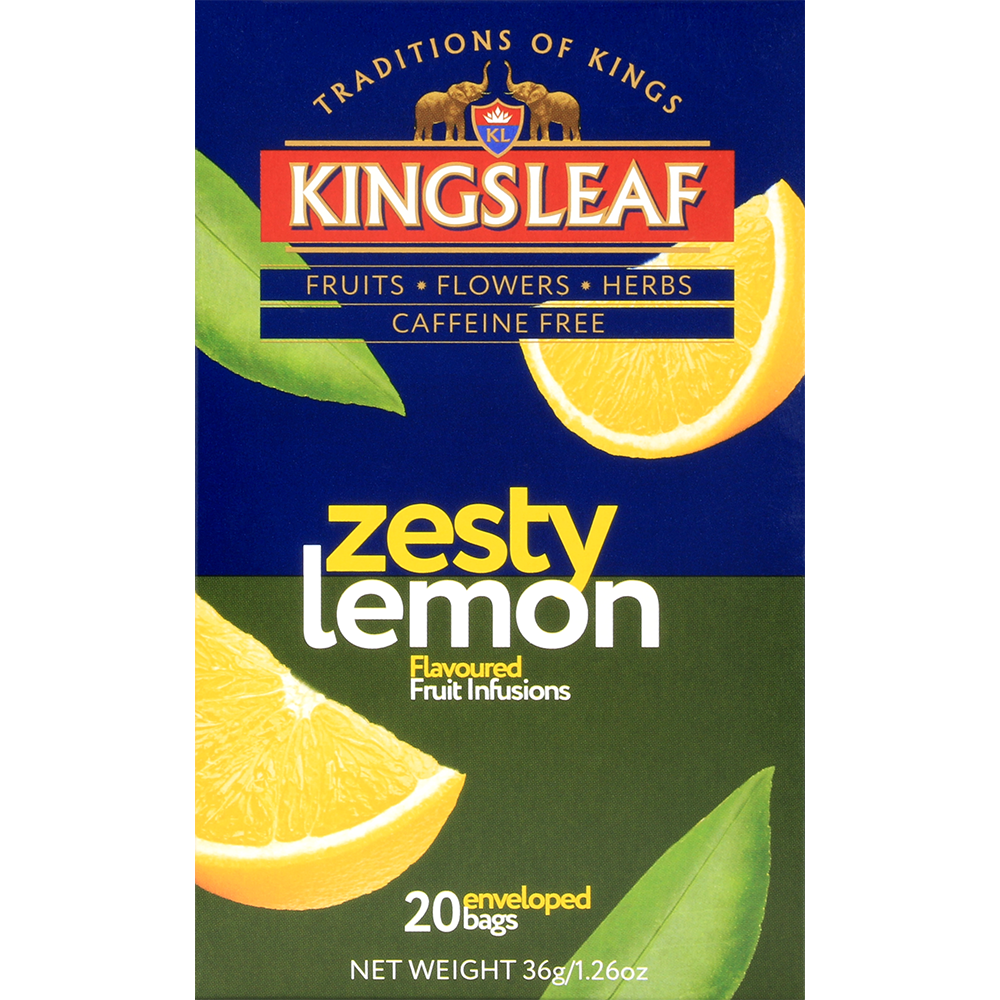 Pudełko herbaty Kingsleaf Zesty Lemon z motywem cytryn i liści – energetyzująca herbata bez kofeiny.