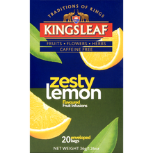 Pudełko herbaty Kingsleaf Zesty Lemon z motywem cytryn i liści – energetyzująca herbata bez kofeiny.