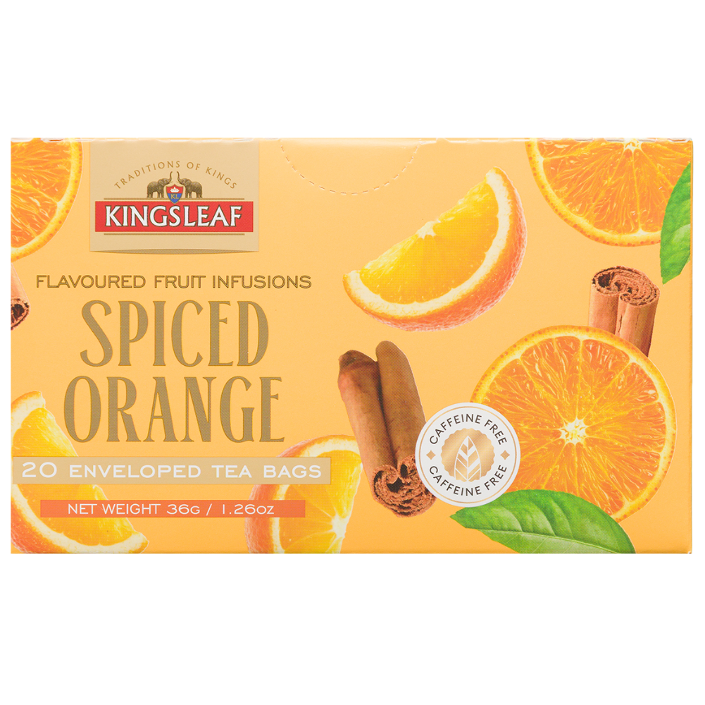 Opakowanie Kingsleaf Spiced Orange z pomarańczą i cynamonem, 20 kopert, 36 g, napar bez kofeiny