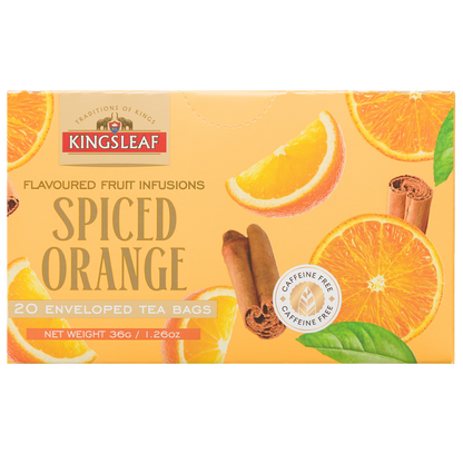 Opakowanie Kingsleaf Spiced Orange z pomarańczą i cynamonem, 20 kopert, 36 g, napar bez kofeiny