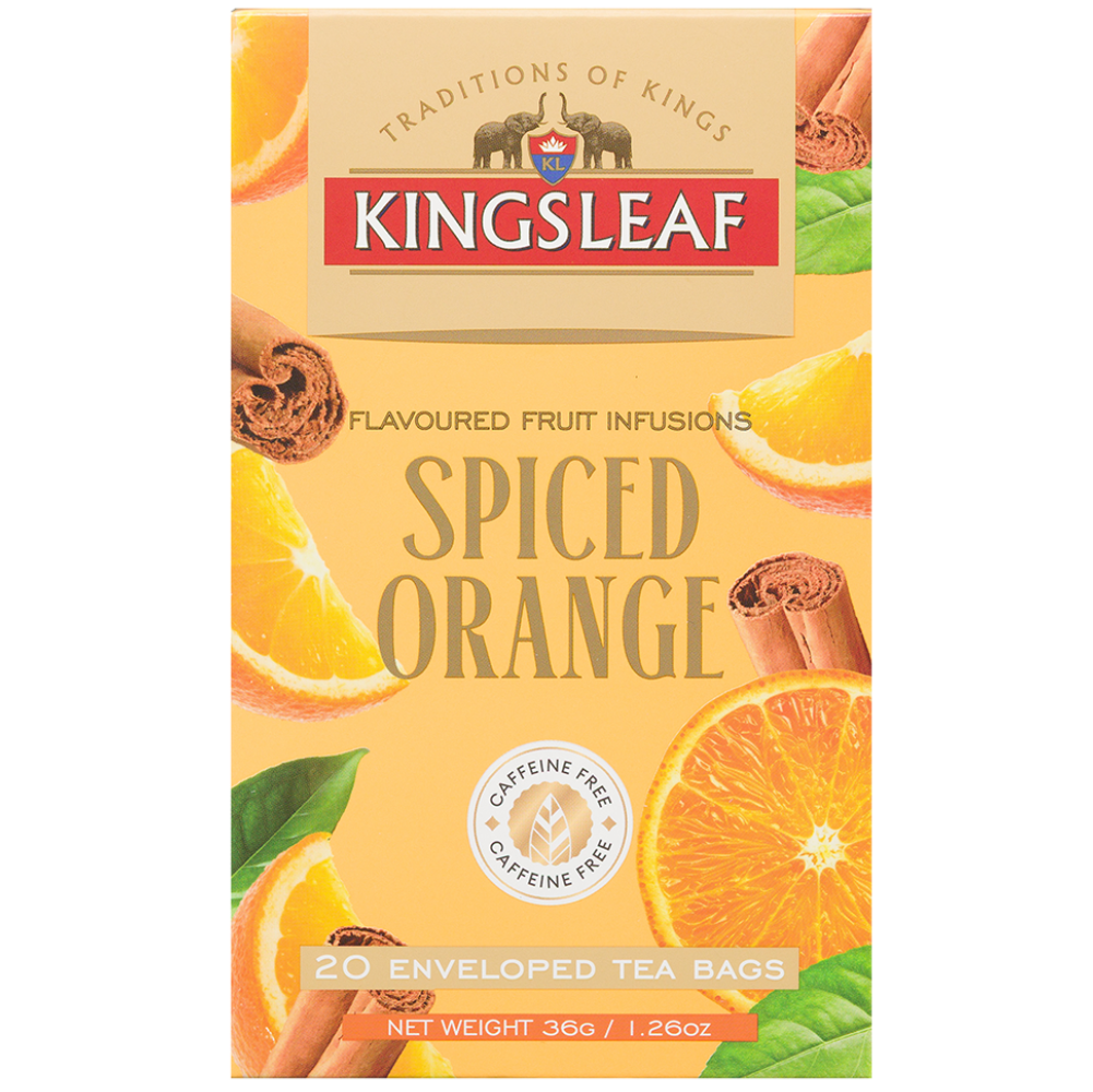 Front opakowania Kingsleaf Spiced Orange z pomarańczą i cynamonem, 20 kopert, 36 g oraz oznaczeniem bez kofeiny