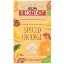 Front opakowania Kingsleaf Spiced Orange z pomarańczą i cynamonem, 20 kopert, 36 g oraz oznaczeniem bez kofeiny