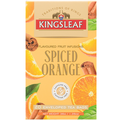 Front opakowania Kingsleaf Spiced Orange z pomarańczą i cynamonem, 20 kopert, 36 g oraz oznaczeniem bez kofeiny