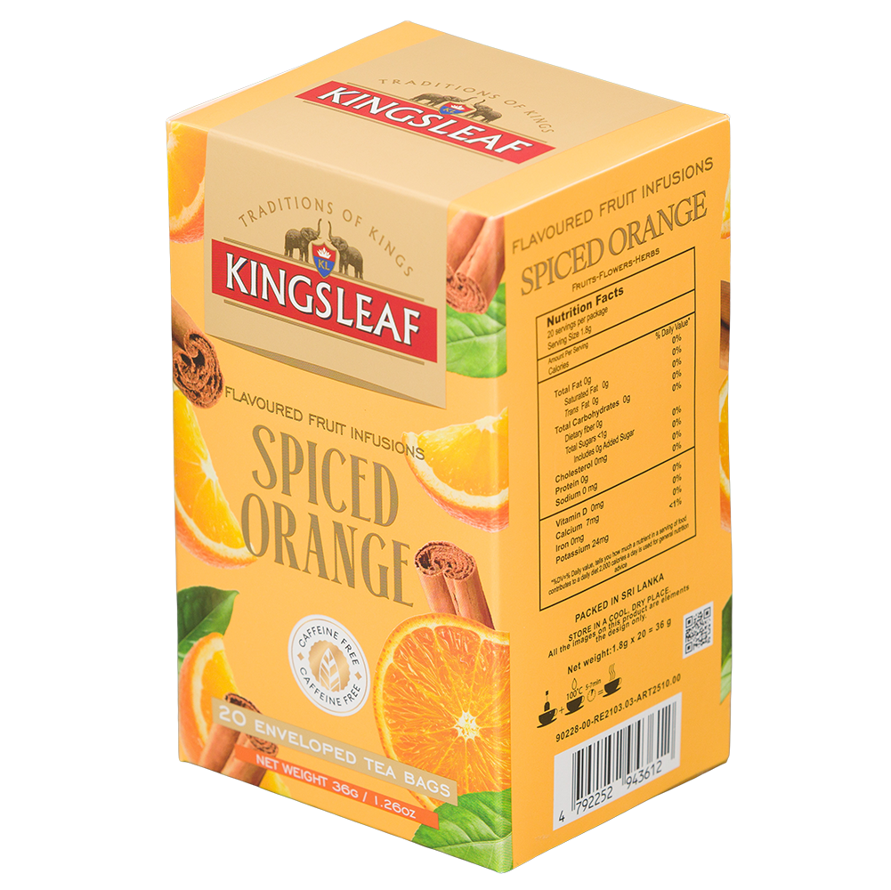 Pudełko Kingsleaf Spiced Orange pokazane z tyłu i z boku, z tabelą wartości odżywczych i kodem kreskowym