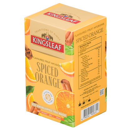 Pudełko Kingsleaf Spiced Orange pokazane z tyłu i z boku, z tabelą wartości odżywczych i kodem kreskowym