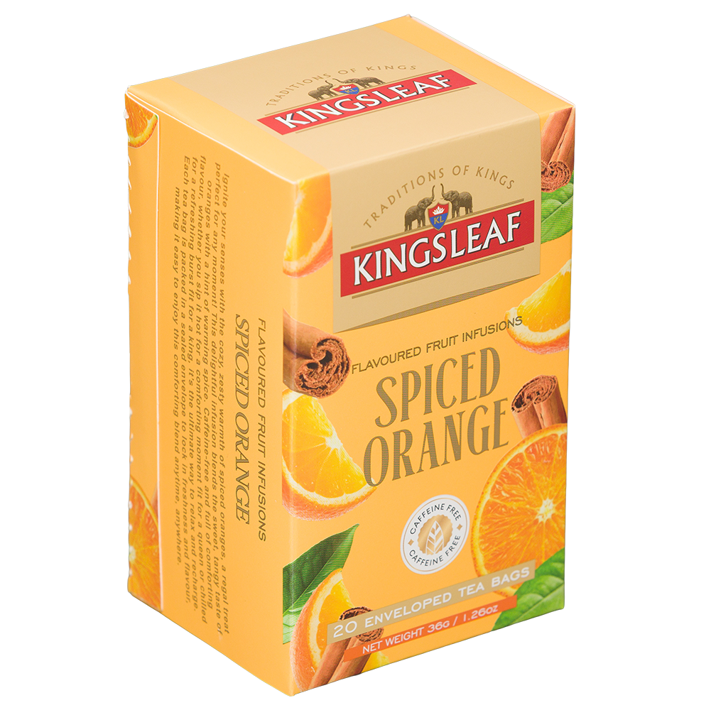 Pudełko Kingsleaf Spiced Orange w ujęciu z boku, z grafiką pomarańczy i cynamonu oraz oznaczeniem 20 kopert