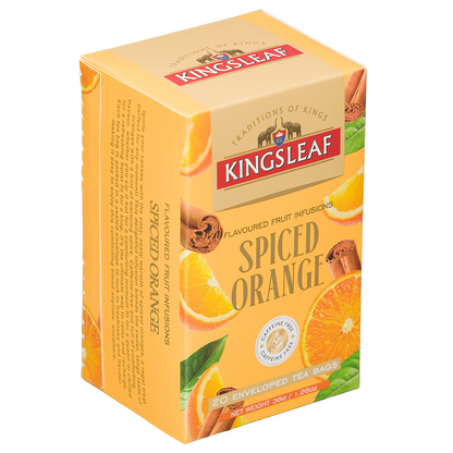 Pudełko Kingsleaf Spiced Orange w ujęciu z boku, z grafiką pomarańczy i cynamonu oraz oznaczeniem 20 kopert