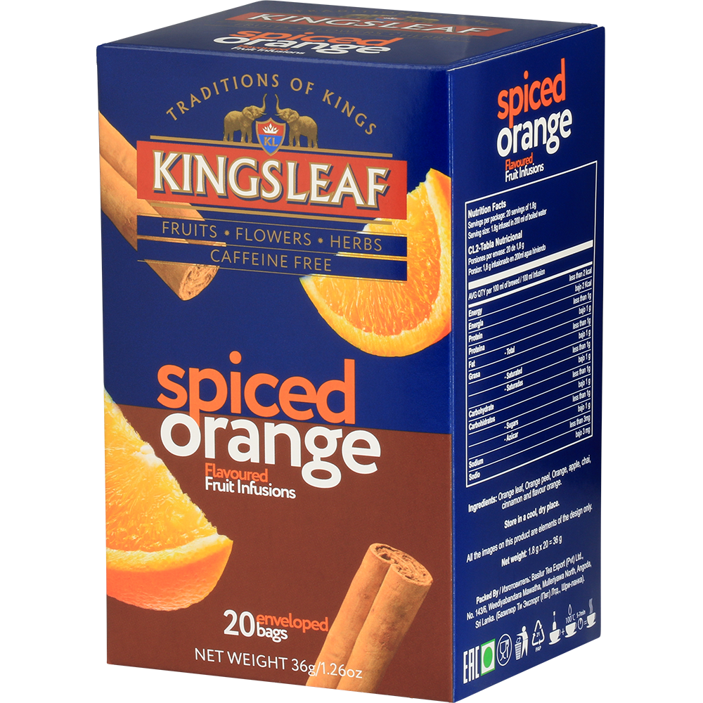 Kingsleaf Spiced Orange – herbata owocowo-korzenną bez kofeiny w opakowaniu z motywem pomarańczy i cynamonu.