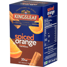 Kingsleaf Spiced Orange – herbata owocowo-korzenną bez kofeiny w opakowaniu z motywem pomarańczy i cynamonu.