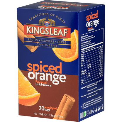 Kingsleaf Spiced Orange – herbata owocowo-korzenną bez kofeiny w opakowaniu z motywem pomarańczy i cynamonu.