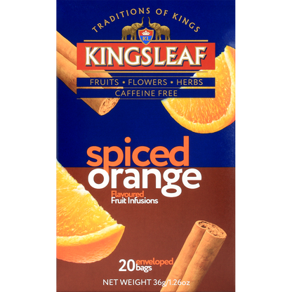 Pudełko herbaty Kingsleaf Spiced Orange z plasterkami pomarańczy i laskami cynamonu – rozgrzewająca herbata bez kofeiny.