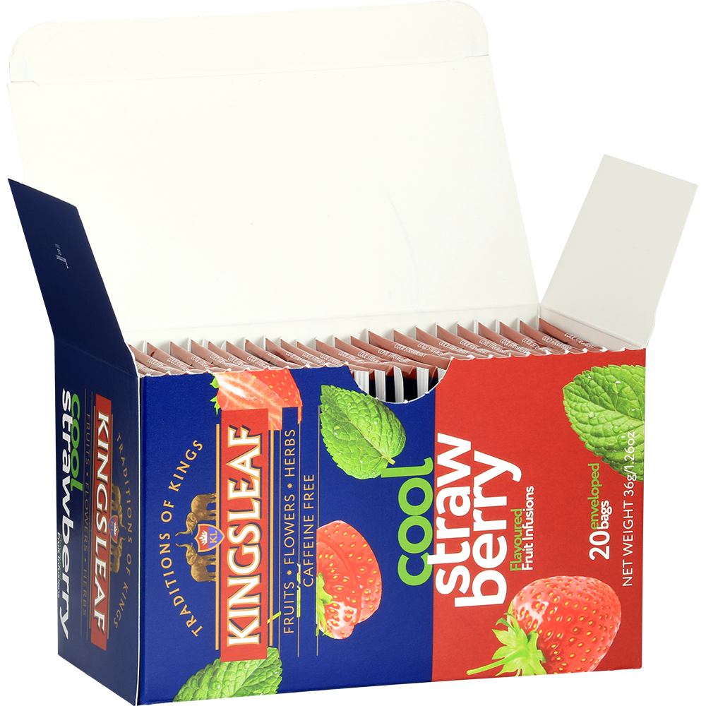 Otwarte pudełko herbaty Kingsleaf Cool Strawberry z widocznymi saszetkami – truskawkowa herbata z miętą bez kofeiny.