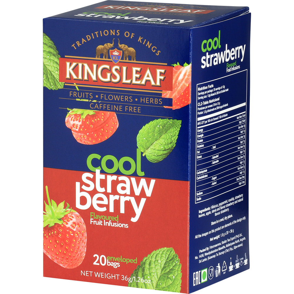 Kingsleaf Cool Strawberry – aromatyczna herbata owocowo-ziołowa o smaku truskawek i mięty w kolorowym opakowaniu.