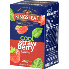 Kingsleaf Cool Strawberry – aromatyczna herbata owocowo-ziołowa o smaku truskawek i mięty w kolorowym opakowaniu.