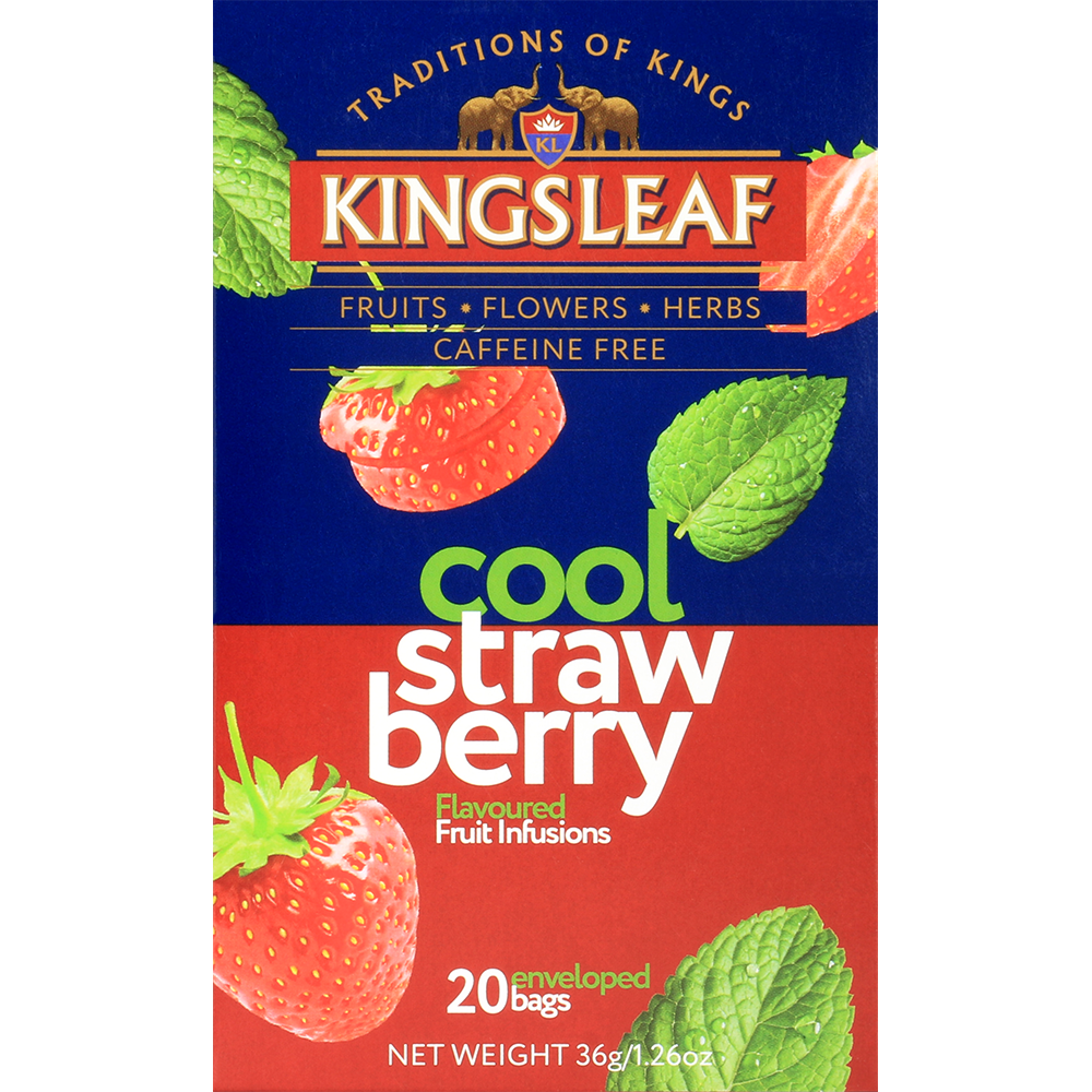 Pudełko herbaty Kingsleaf Cool Strawberry z motywem truskawek i liści mięty – orzeźwiająca herbata bez kofeiny.
