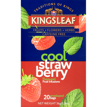 Pudełko herbaty Kingsleaf Cool Strawberry z motywem truskawek i liści mięty – orzeźwiająca herbata bez kofeiny.