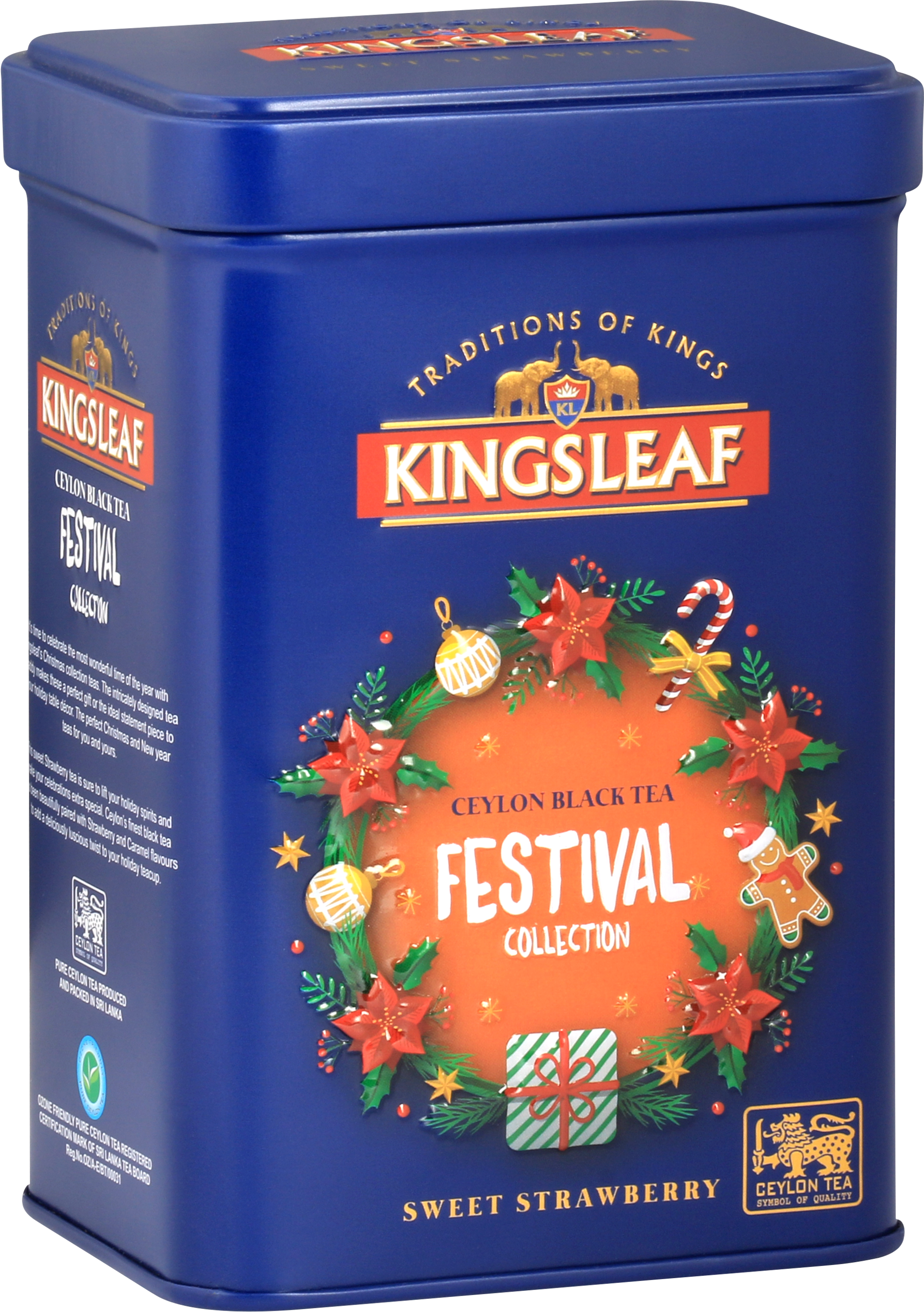 Elegancka puszka Kingsleaf Sweet Strawberry z zimowym wzorem i logiem Ceylon Tea – herbata czarna z owocowym aromatem.
