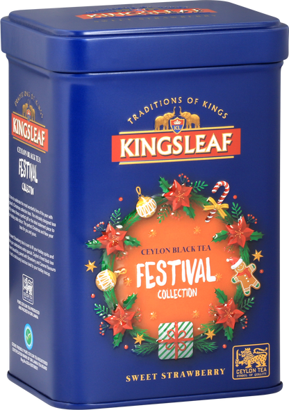 Elegancka puszka Kingsleaf Sweet Strawberry z zimowym wzorem i logiem Ceylon Tea – herbata czarna z owocowym aromatem.