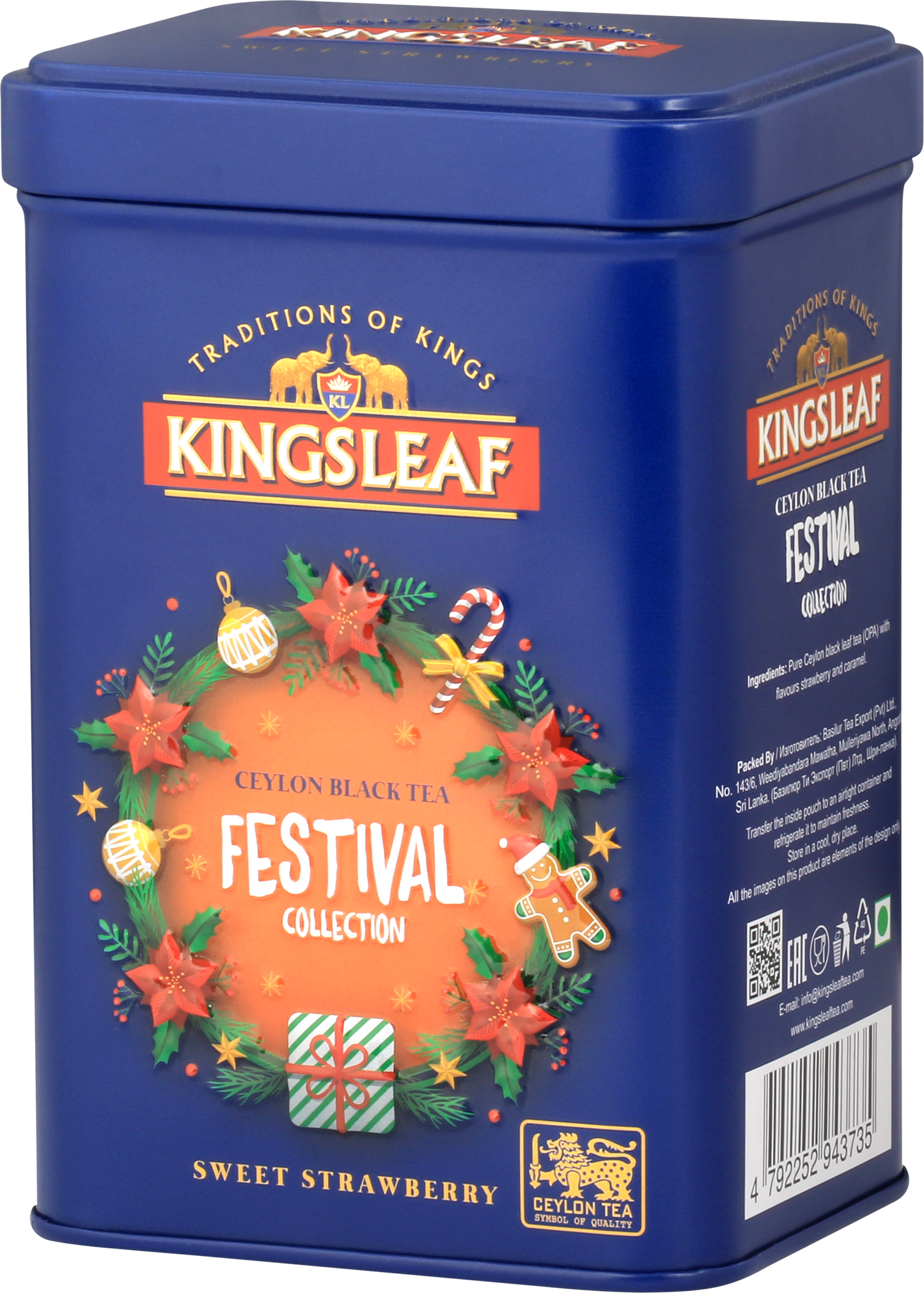 Kingsleaf Sweet Strawberry w ozdobnej puszce z girlandą i pierniczkiem – aromatyczna herbata czarna cejlońska z nutą truskawek.