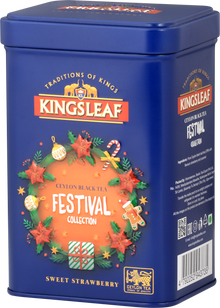 Kingsleaf Sweet Strawberry w ozdobnej puszce z girlandą i pierniczkiem – aromatyczna herbata czarna cejlońska z nutą truskawek.