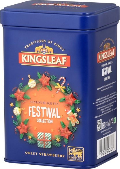 Kingsleaf Sweet Strawberry w ozdobnej puszce z girlandą i pierniczkiem – aromatyczna herbata czarna cejlońska z nutą truskawek.