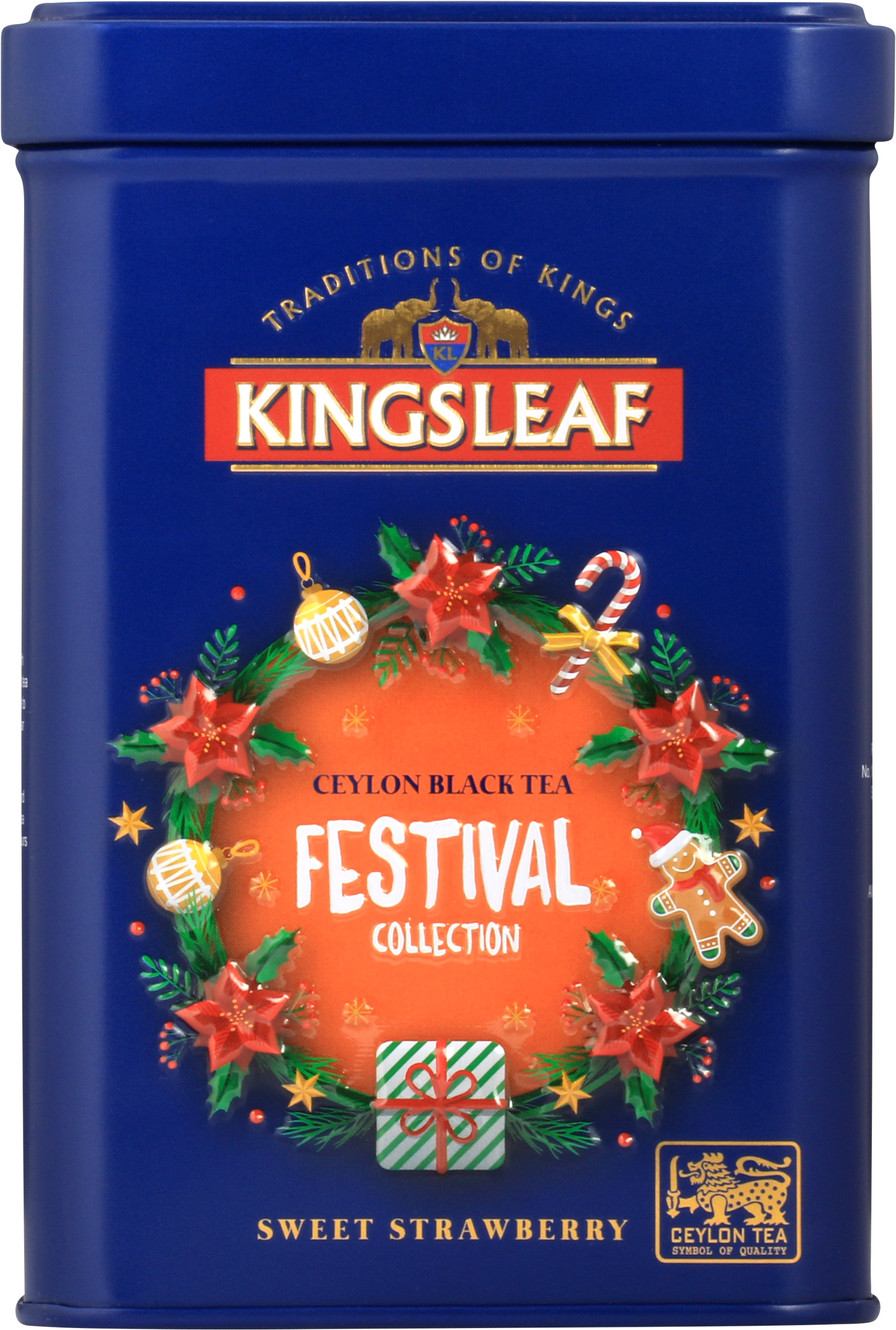 Puszka herbaty Kingsleaf Sweet Strawberry z kolekcji Festival Collection z motywem świątecznym – herbata czarna Ceylon o smaku truskawkowym.