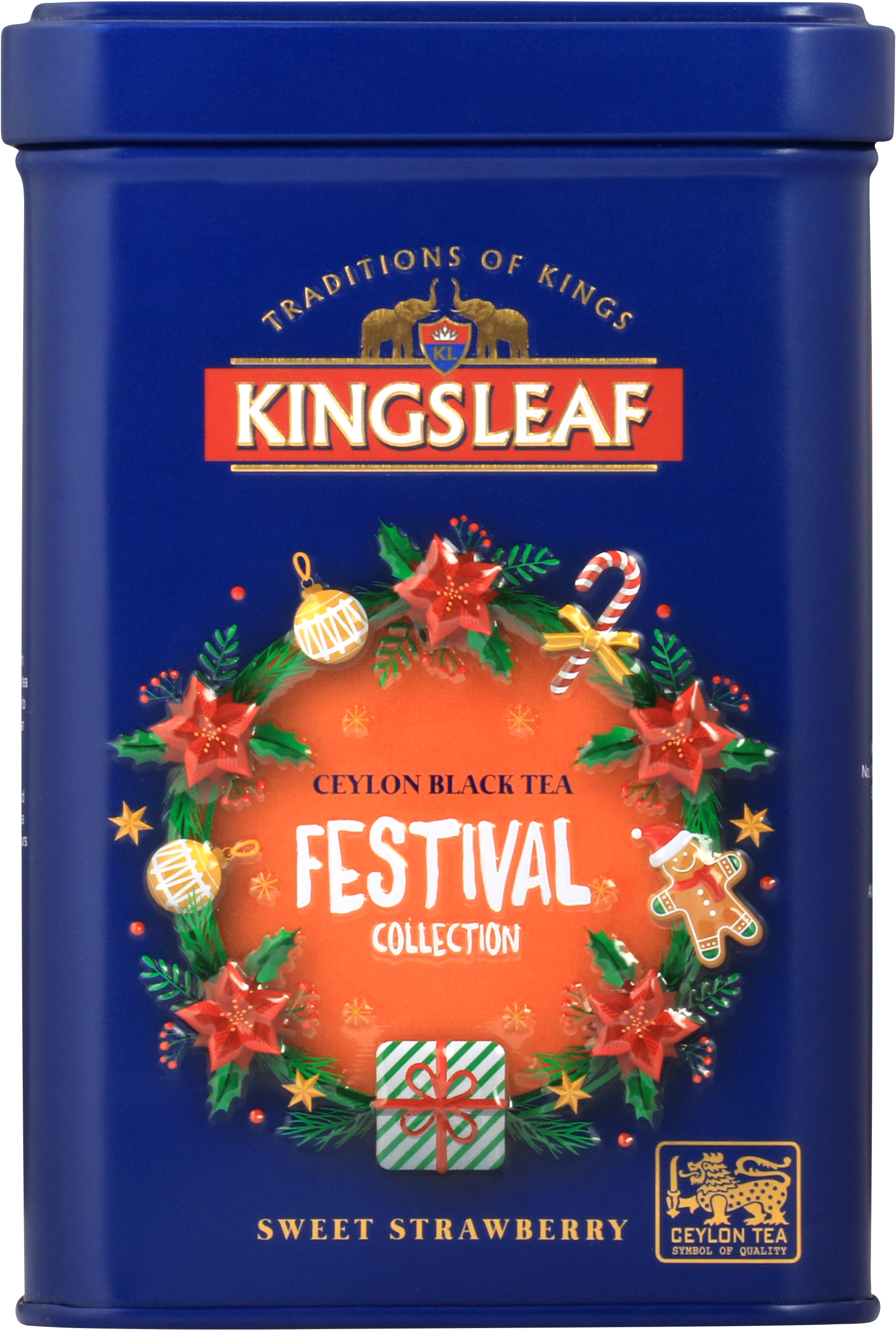 Puszka herbaty Kingsleaf Sweet Strawberry z kolekcji Festival Collection z motywem świątecznym – herbata czarna Ceylon o smaku truskawkowym.