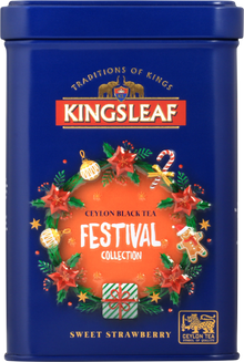 Puszka herbaty Kingsleaf Sweet Strawberry z kolekcji Festival Collection z motywem świątecznym – herbata czarna Ceylon o smaku truskawkowym.