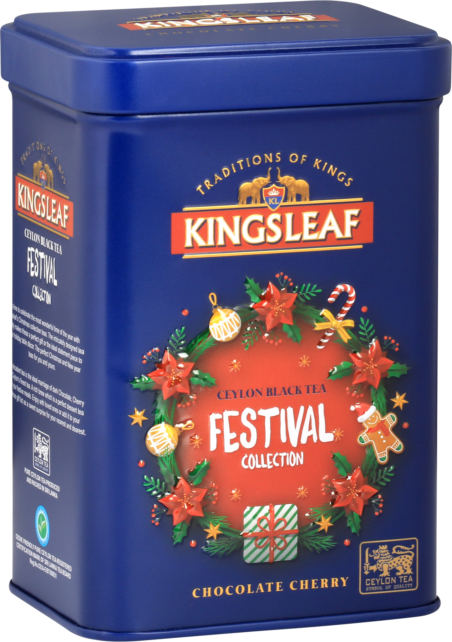 Kingsleaf Chocolate Cherry w ozdobnej puszce z girlandą, pierniczkiem i prezentami – aromatyczna herbata czarna Ceylon.