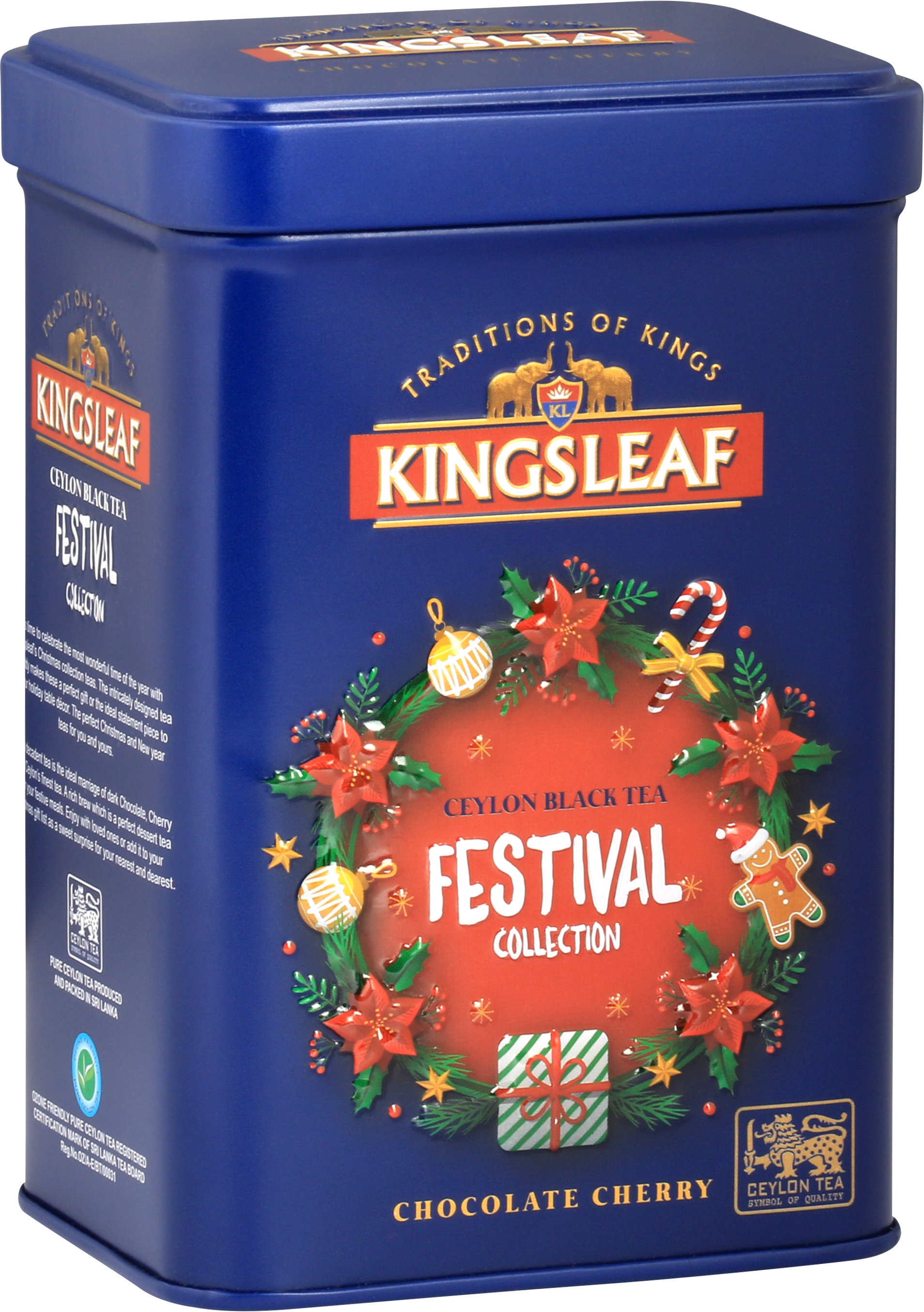 Kingsleaf Chocolate Cherry w ozdobnej puszce z girlandą, pierniczkiem i prezentami – aromatyczna herbata czarna Ceylon.