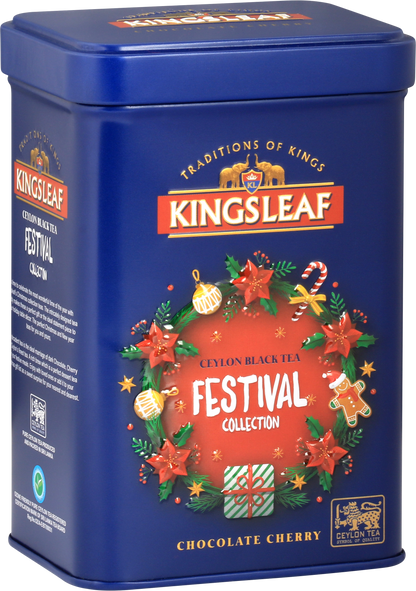 Kingsleaf Chocolate Cherry w ozdobnej puszce z girlandą, pierniczkiem i prezentami – aromatyczna herbata czarna Ceylon.
