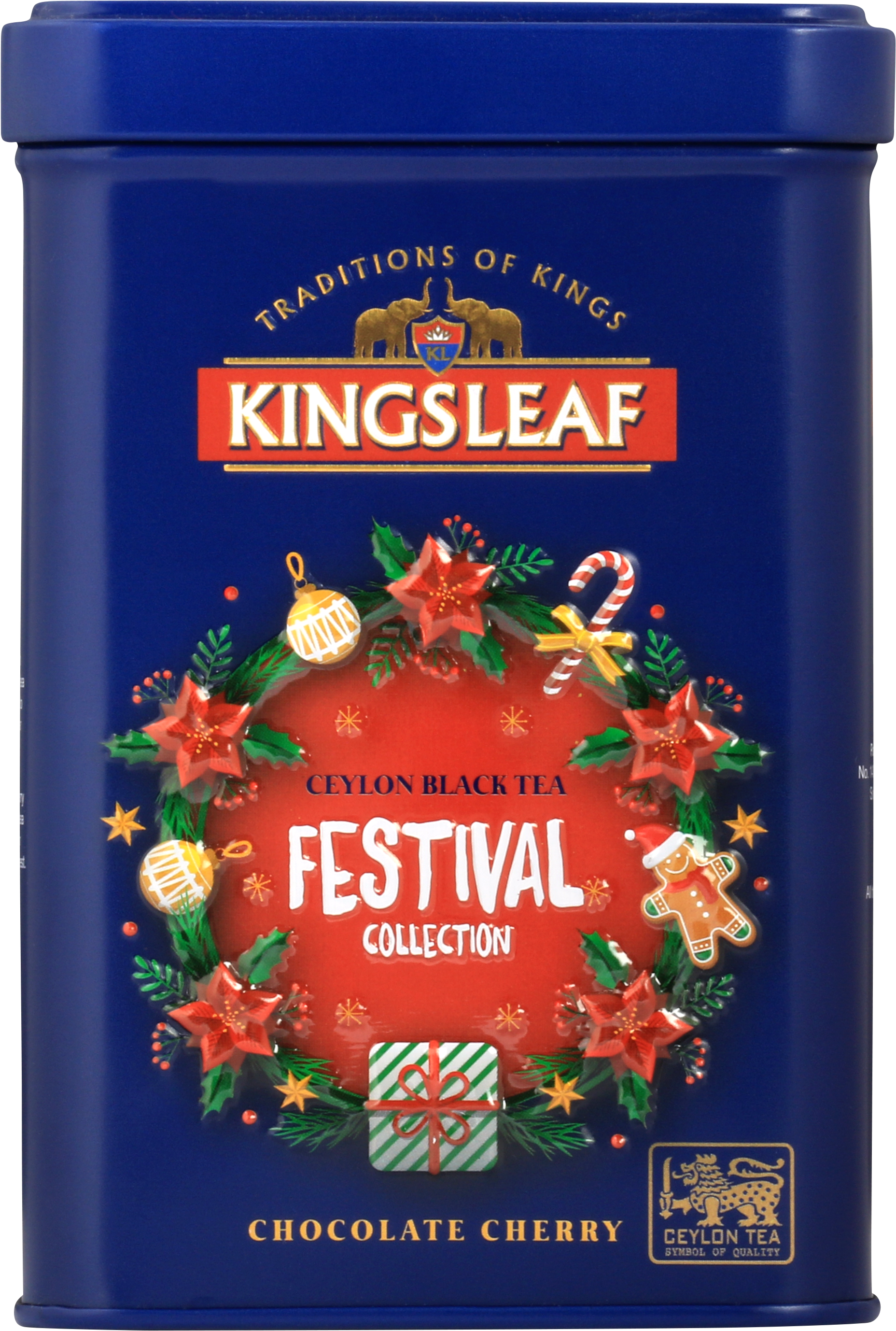 Puszka herbaty Kingsleaf Chocolate Cherry z kolekcji Festival Collection z motywem świątecznym – czarna herbata o smaku czekolady i wiśni.