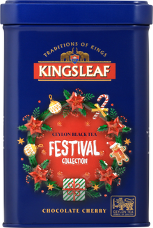 Puszka herbaty Kingsleaf Chocolate Cherry z kolekcji Festival Collection z motywem świątecznym – czarna herbata o smaku czekolady i wiśni.