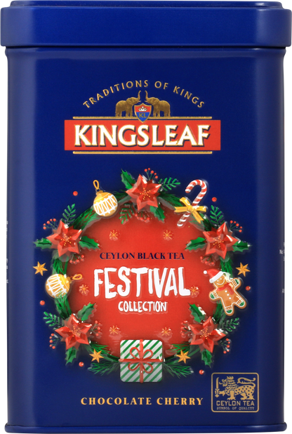 Puszka herbaty Kingsleaf Chocolate Cherry z kolekcji Festival Collection z motywem świątecznym – czarna herbata o smaku czekolady i wiśni.