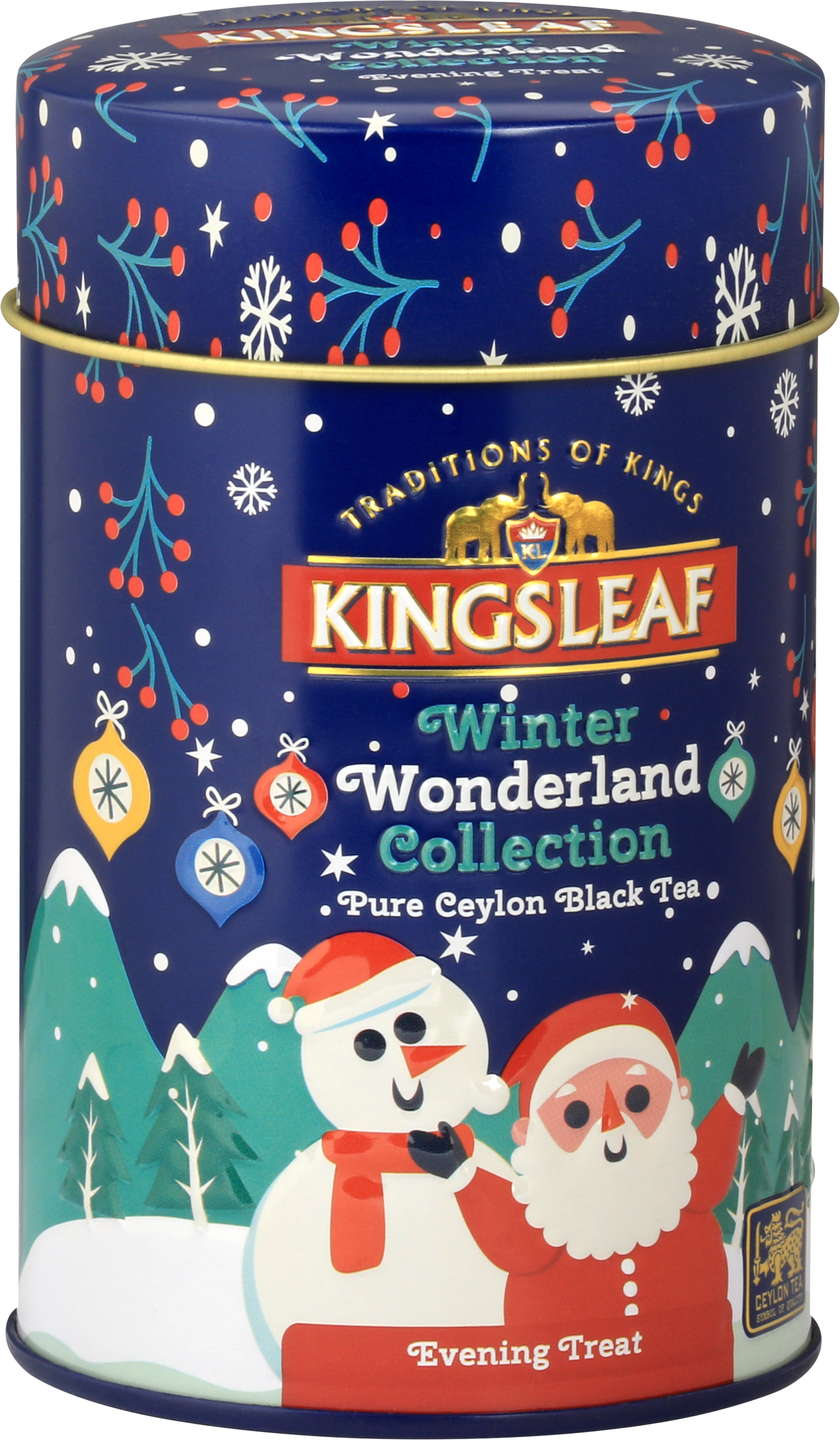 Zimowa puszka Kingsleaf Winter Wonderland Collection z motywem Mikołaja i bałwanka – herbata czarna Ceylon.