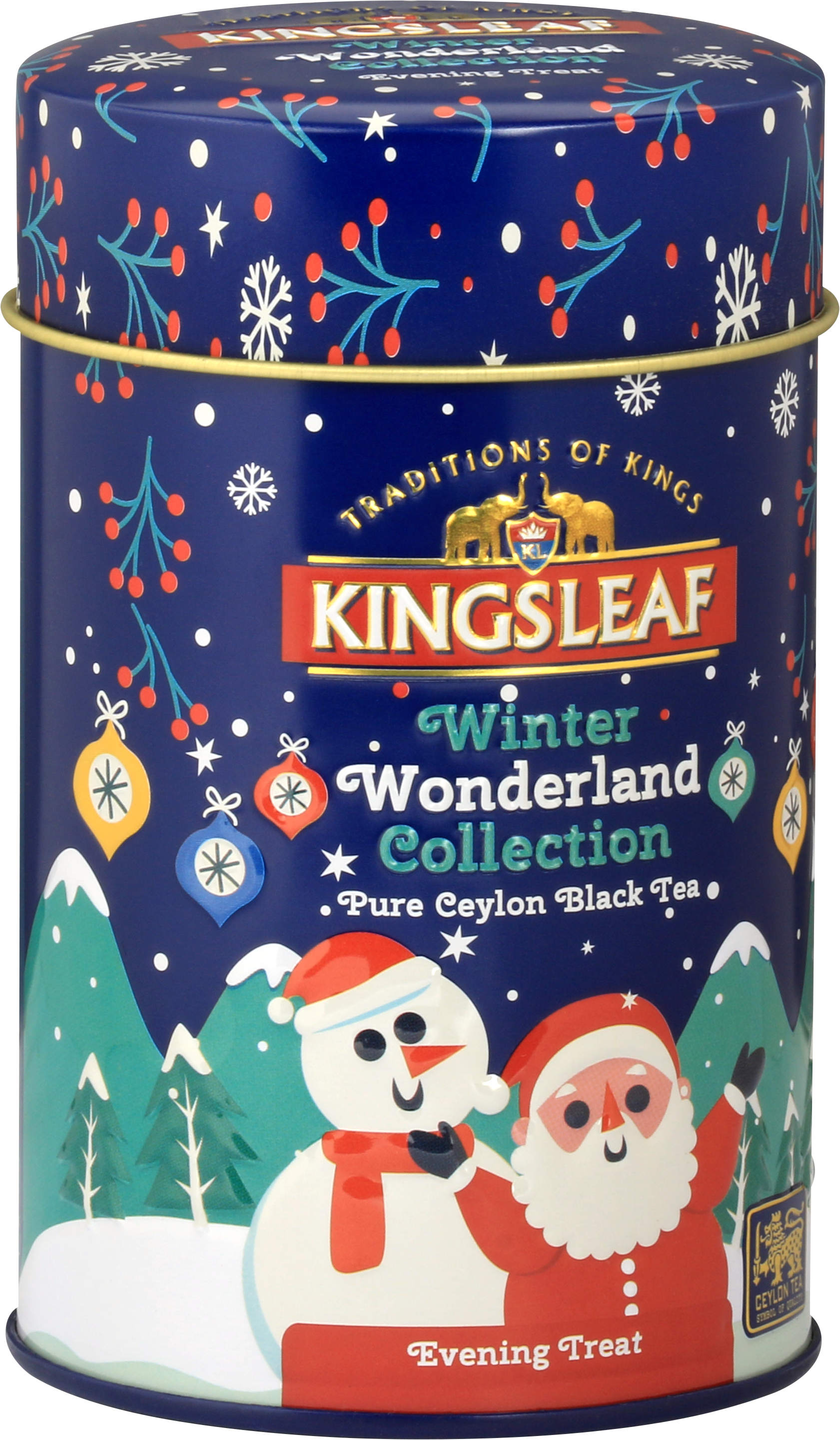 Zimowa puszka Kingsleaf Winter Wonderland Collection z motywem Mikołaja i bałwanka – herbata czarna Ceylon.