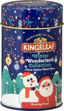 Zimowa puszka Kingsleaf Winter Wonderland Collection z motywem Mikołaja i bałwanka – herbata czarna Ceylon.