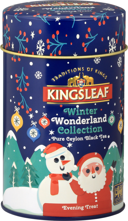 Zimowa puszka Kingsleaf Winter Wonderland Collection z motywem Mikołaja i bałwanka – herbata czarna Ceylon.
