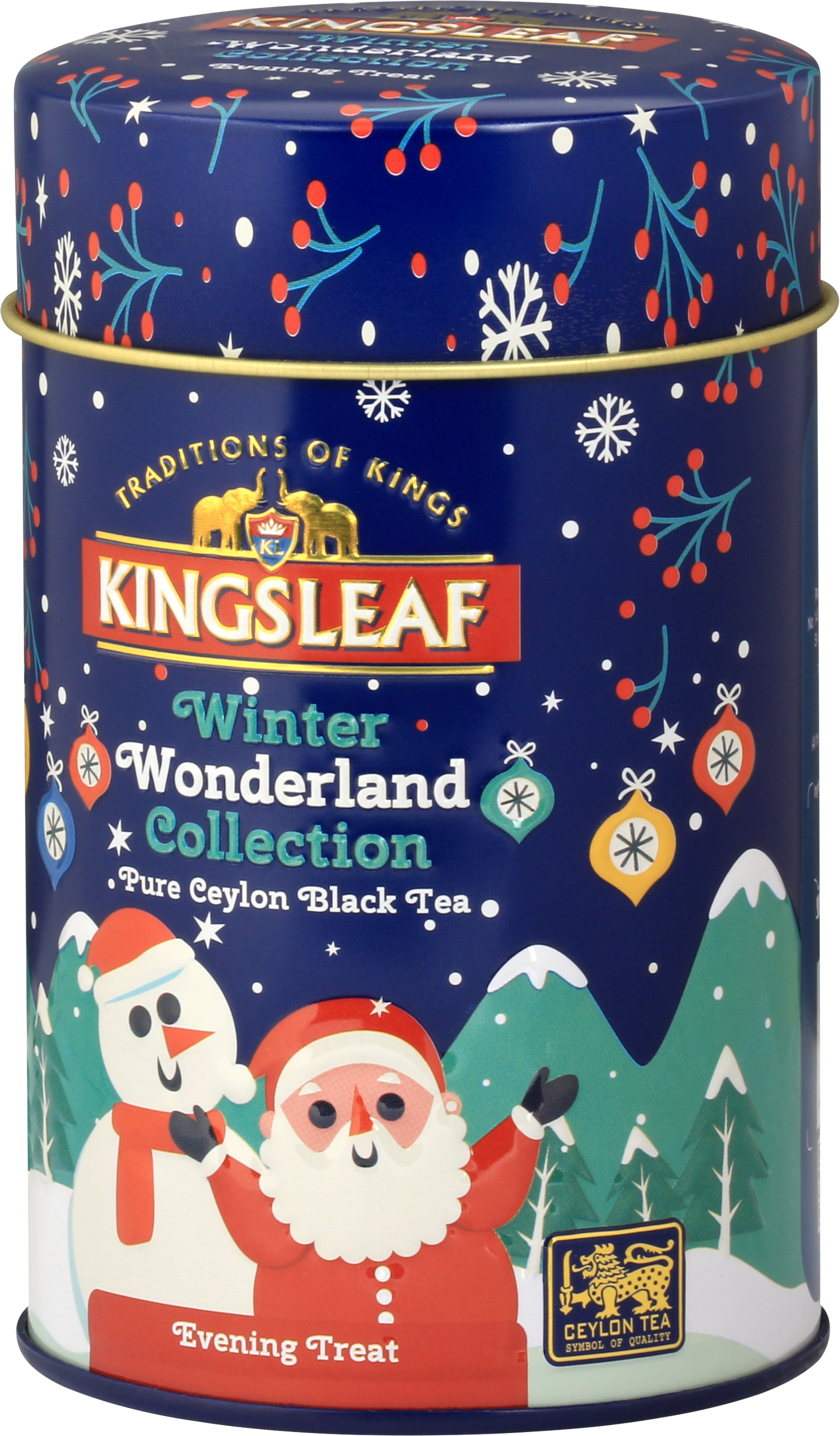 Elegancka metalowa puszka Kingsleaf Evening Treat z zimowym wzorem i logiem Ceylon Tea – herbata czarna premium.