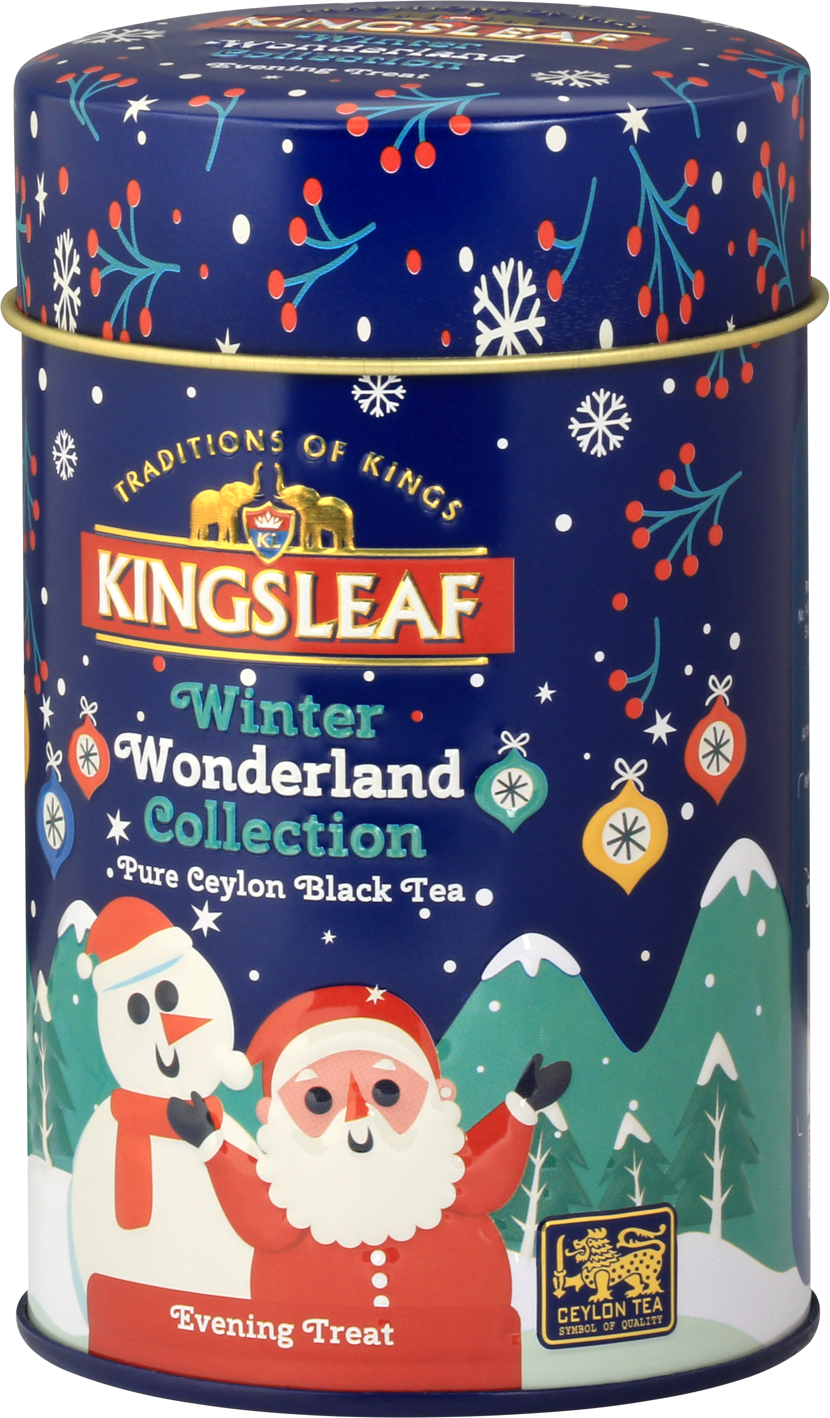 Elegancka metalowa puszka Kingsleaf Evening Treat z zimowym wzorem i logiem Ceylon Tea – herbata czarna premium.