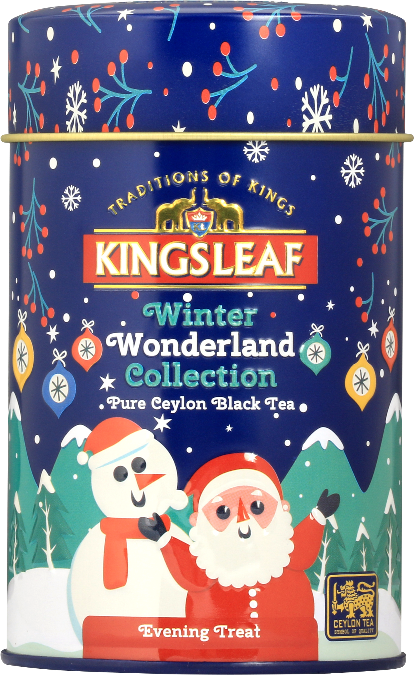 Puszka herbaty Kingsleaf Evening Treat z zimowej kolekcji Winter Wonderland na tle świątecznym – herbata cejlońska czarna.