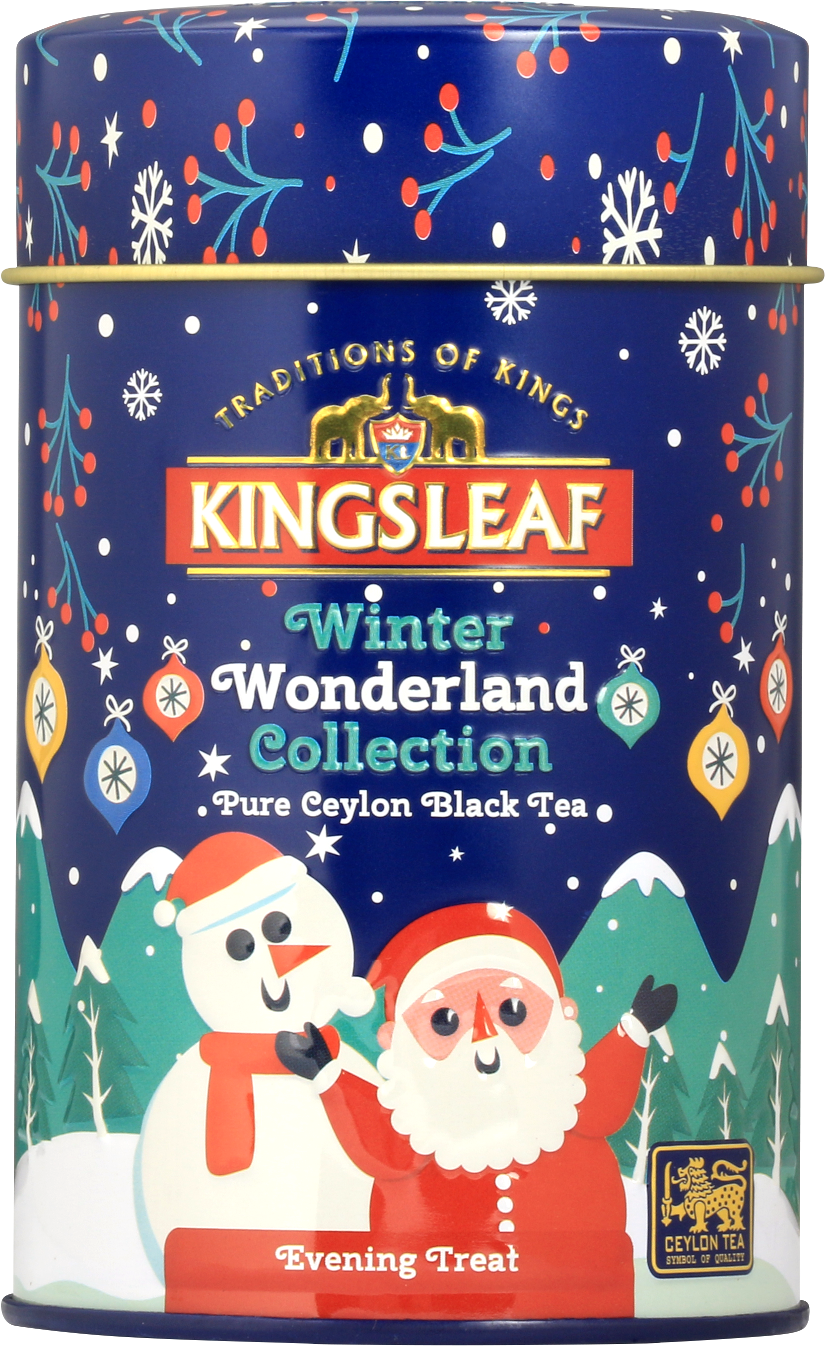 Puszka herbaty Kingsleaf Evening Treat z zimowej kolekcji Winter Wonderland na tle świątecznym – herbata cejlońska czarna.