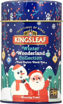 Puszka herbaty Kingsleaf Evening Treat z zimowej kolekcji Winter Wonderland na tle świątecznym – herbata cejlońska czarna.
