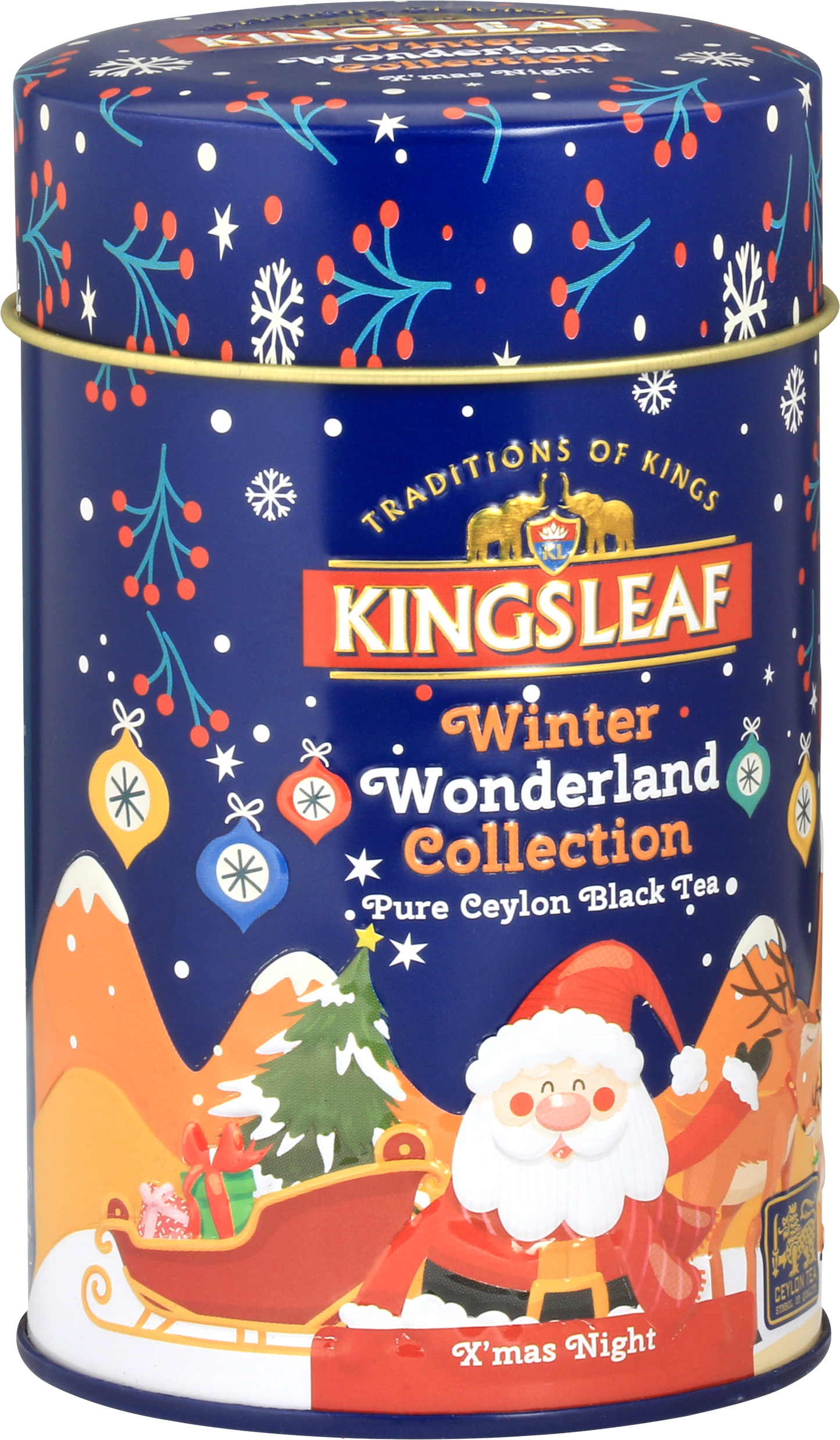Metalowa puszka Kingsleaf X’Mas Night z zimowym wzorem, reniferami i prezentami – herbata czarna premium.